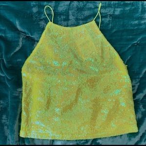 ZARA Neon Yellow sequin high neck tank